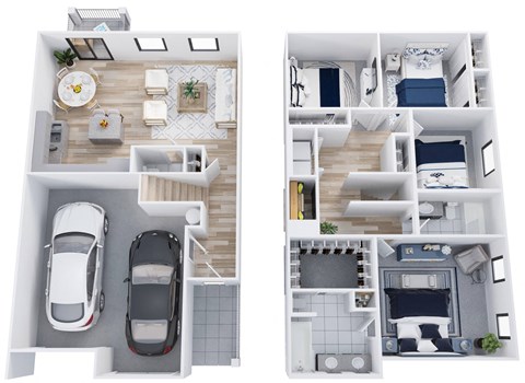 two layouts of a house and a car in a floor plan